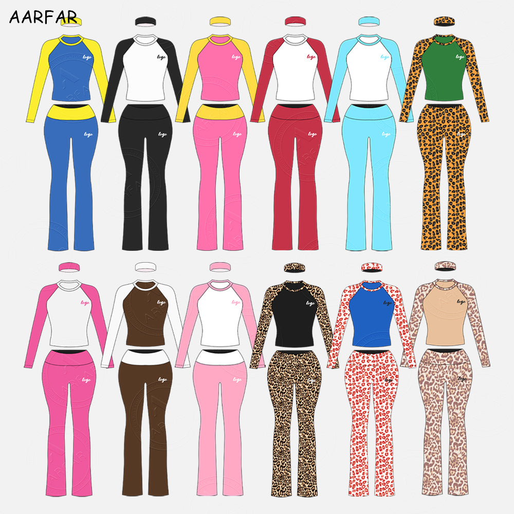 Fall Women Two Piece Set Custom Embroidered LOGO Women Jersey Cotton Raglan Sleeve TShirts and Flared Pants Tall girl friendly