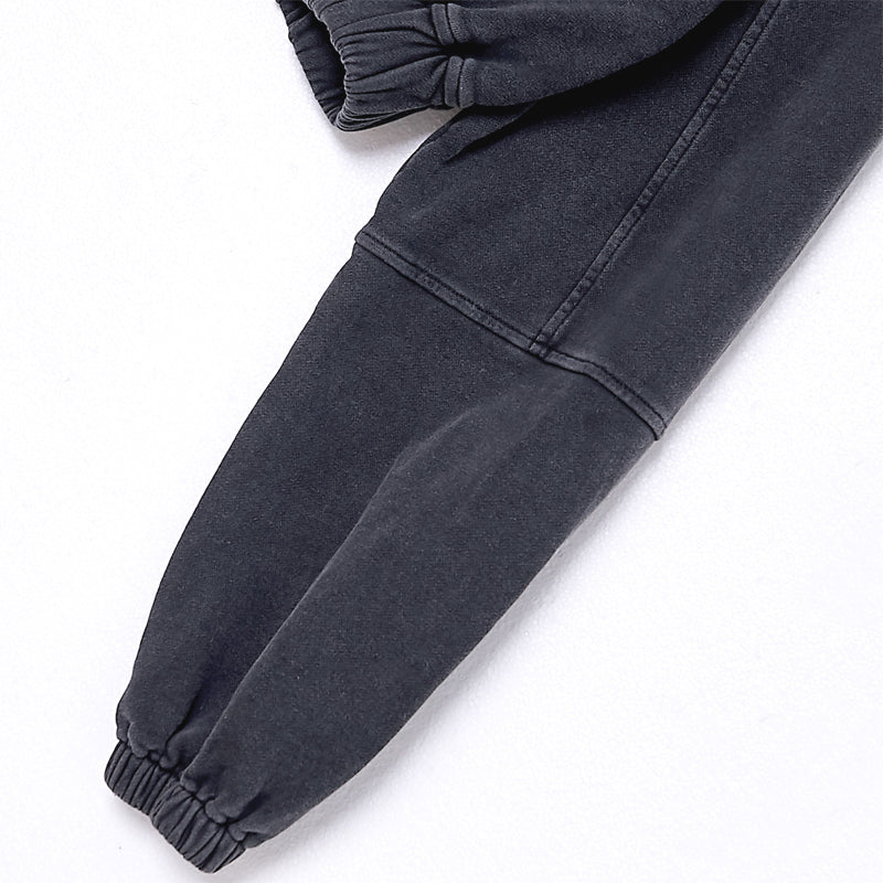 100% Cotton Acid Washed Black Crop Top Zip Up Hoodie