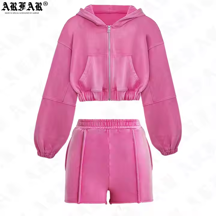 Blank Womens 2 Piece Velour Tracksuit Casual Long Sleeve Zip up Crop Top Acid Wash Distressed Hoodie and Shorts Set