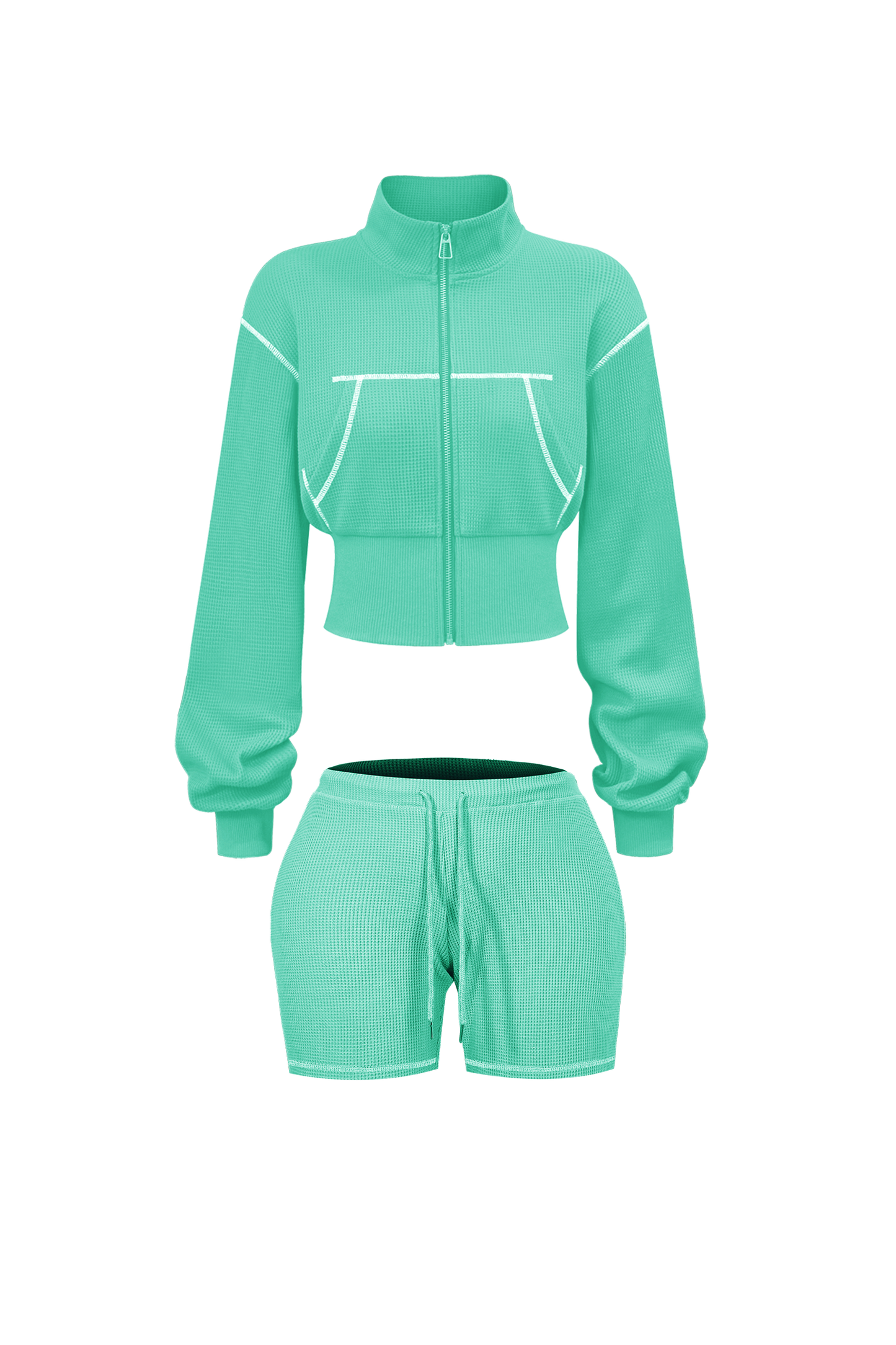 Custom Waffle Knit Girls Two Piece Set Summer 2025 Basic Zip up Jacket Embroidery Hoodie and Shorts Set Loungewear Women Sets