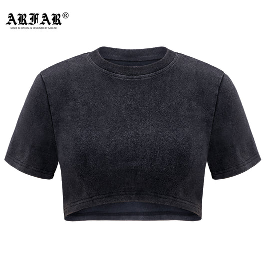 100% Cotton Acid Wash Navel Cropped Crop Tops For Women