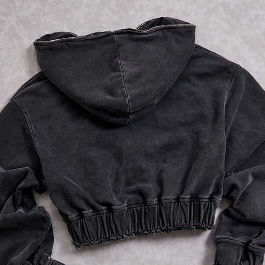 100% Cotton Acid Washed Black Full Zip Up Hoodie Side Slit Sweatpants Set