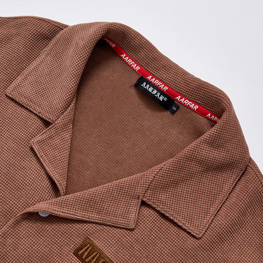 Custom Logo Waffle Knit Cuban Collar Short Sleeve Shirt Unisex Summer Button Down Loose Fit Casual Streetwear Vintage Brown Lapel Top