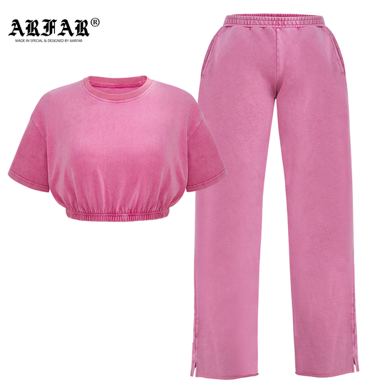 100% Cotton Acid Washed Crop Top T-shirt And Side Slit T-shirt Pant Set For Women