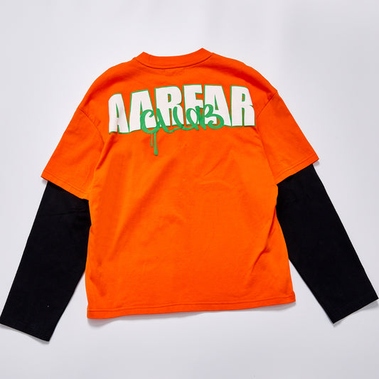 Two-Tone Fake Two Piece Long Sleeve T-Shirt Unisex Streetwear Orange Contrast Print Graffiti Letter Loose Fit Casual Layered Tee