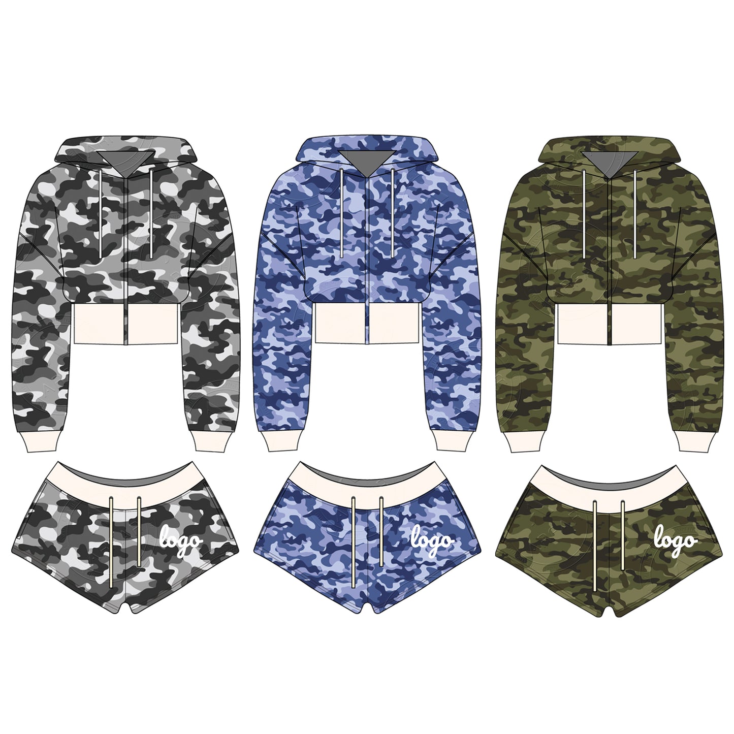 Women Camouflage Hoodie and Shorts Set Zip Heavyweight Cotton Fitness Cropped Long Sleeve Camo Shorts Set Casual Sweatshirt Set