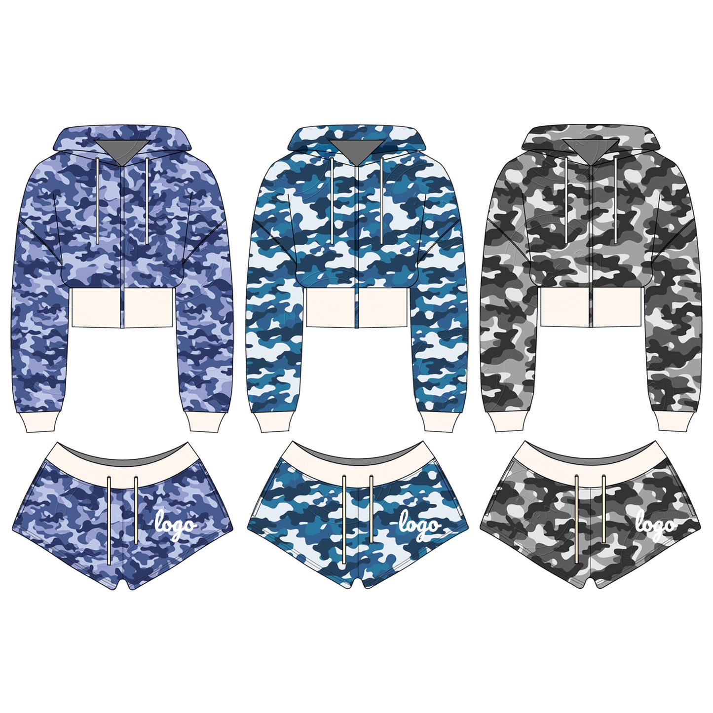 Women Camouflage Hoodie and Shorts Set Zip Heavyweight Cotton Fitness Cropped Long Sleeve Camo Shorts Set Casual Sweatshirt Set