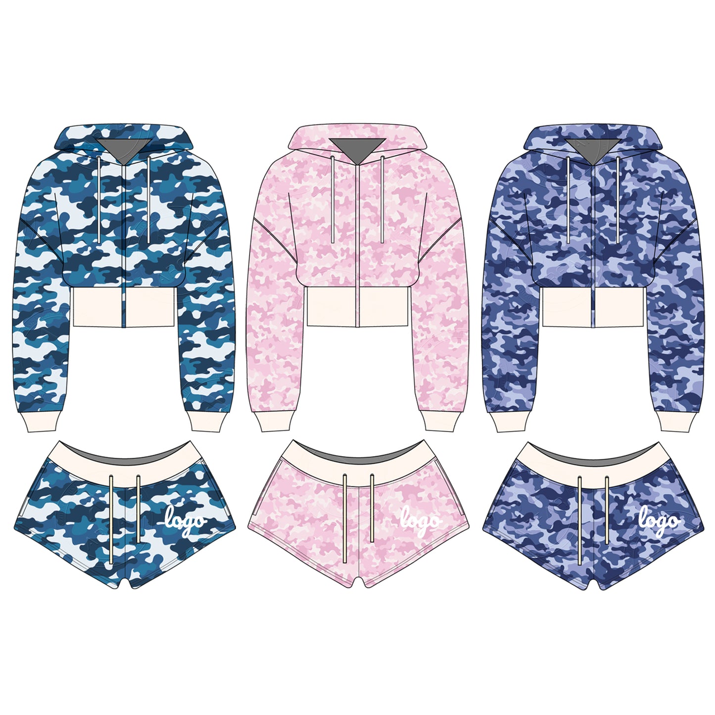 Women Camouflage Hoodie and Shorts Set Zip Heavyweight Cotton Fitness Cropped Long Sleeve Camo Shorts Set Casual Sweatshirt Set