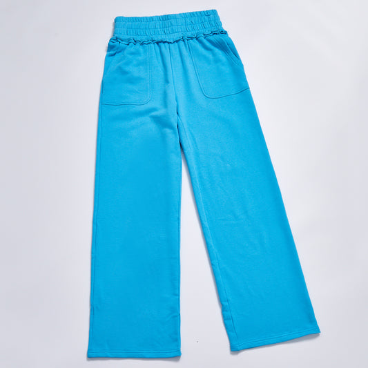 Custom Logo High Waist Ruffle Elastic Waistband Solid Blue Wide Leg Sweatpants Women Casual Loose Straight Pocket Streetwear Daily Lounge Sweat Pants Trousers