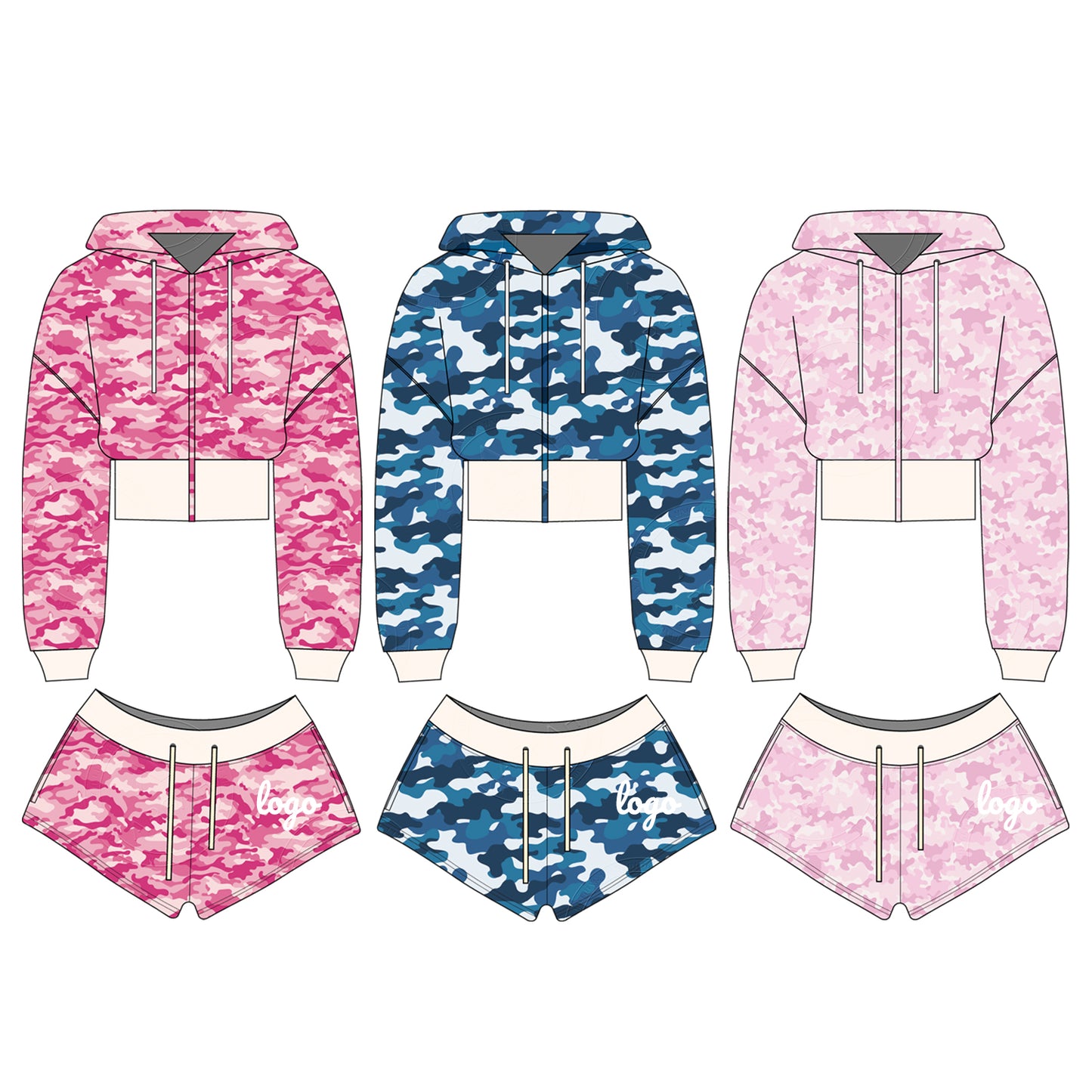 Women Camouflage Hoodie and Shorts Set Zip Heavyweight Cotton Fitness Cropped Long Sleeve Camo Shorts Set Casual Sweatshirt Set