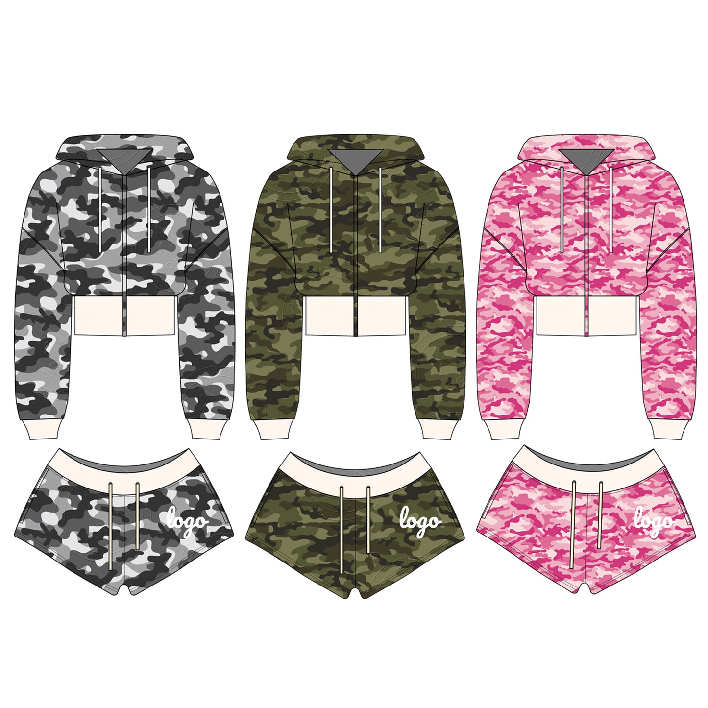 Women Camouflage Hoodie and Shorts Set Zip Heavyweight Cotton Fitness Cropped Long Sleeve Camo Shorts Set Casual Sweatshirt Set