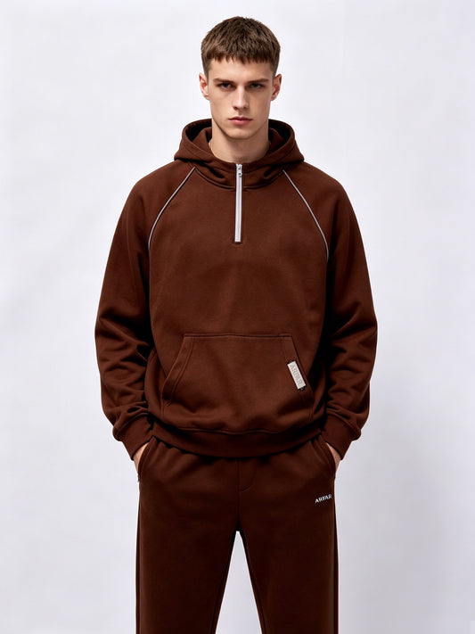 OEM factory direct half zip raglan hooded sweatshirt drop shoulder relaxed fit contrast side stitch sweatshirt city walk casual wear