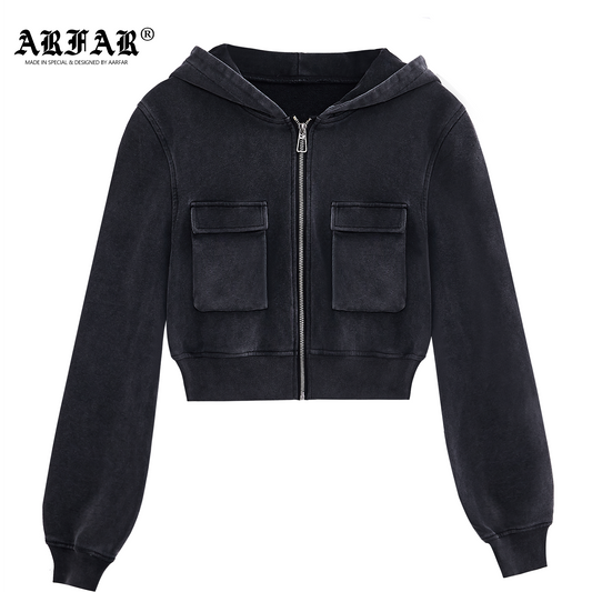 100% Cotton Acid Washed Crop Top Zip Up Hoodie With Pocket