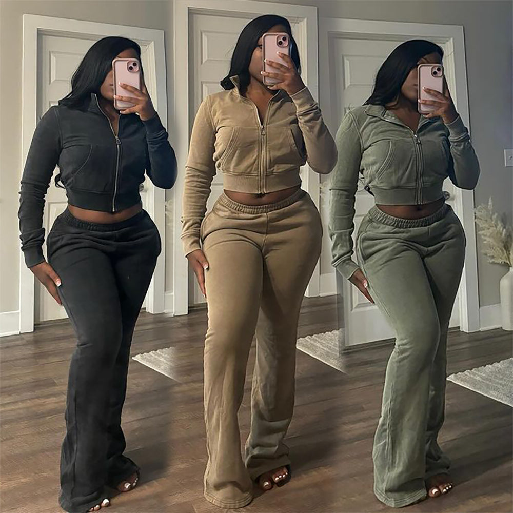 Manufacturer /Custom / OEM/ODM Women 100% Cotton ACID WASHED Cropped Zip Up Hoodie Pants set