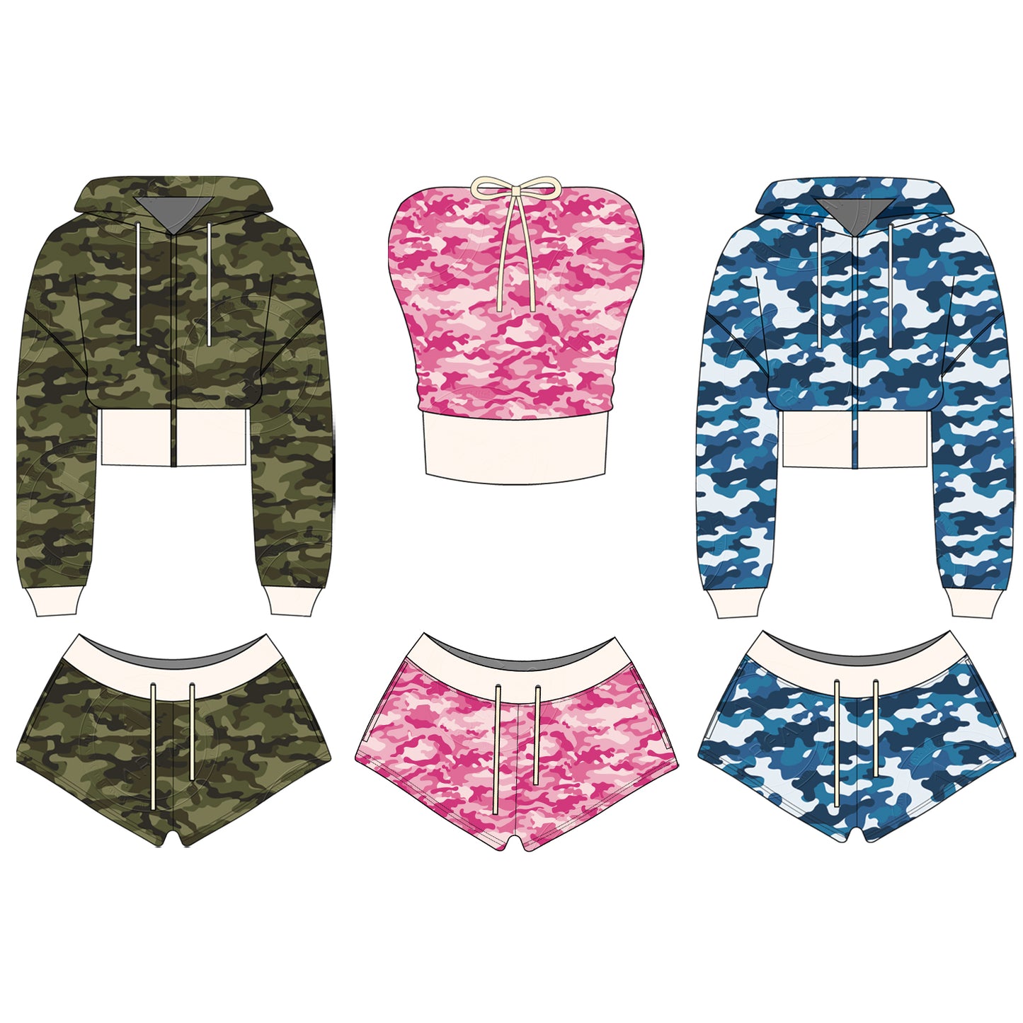 Women Camouflage Hoodie and Shorts Set Zip Heavyweight Cotton Fitness Cropped Long Sleeve Camo Shorts Set Casual Sweatshirt Set