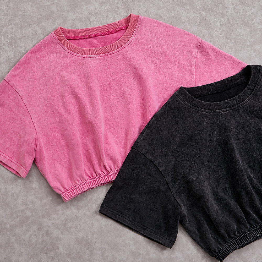100% Cotton Acid Washed Pink Crop Top Shirt