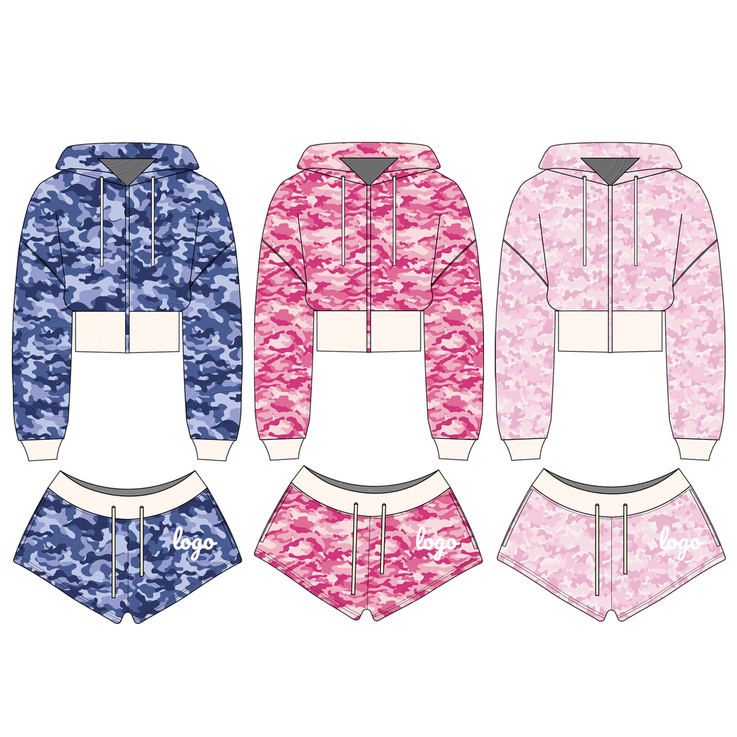 Women Camouflage Hoodie and Shorts Set Zip Heavyweight Cotton Fitness Cropped Long Sleeve Camo Shorts Set Casual Sweatshirt Set