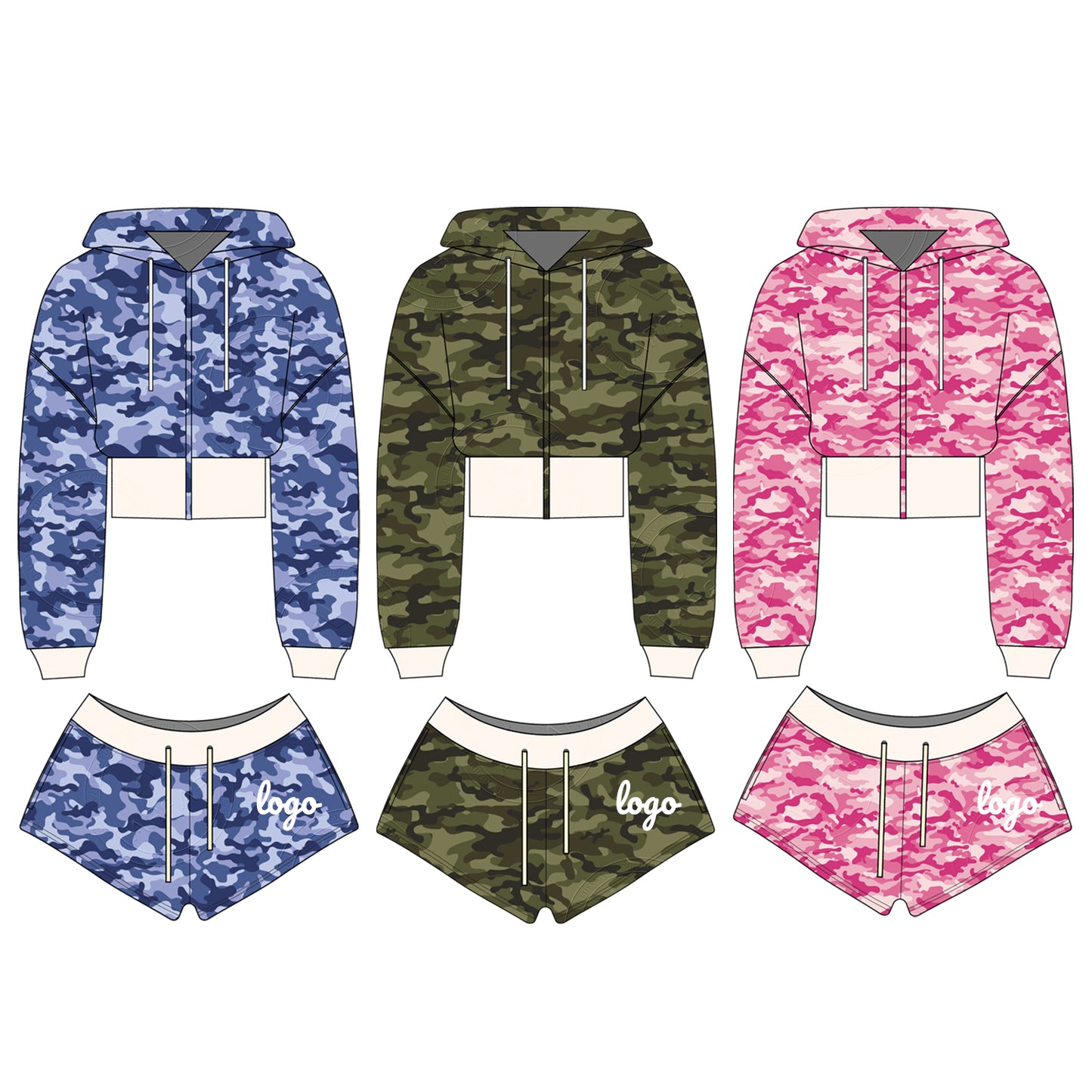 Women Camouflage Hoodie and Shorts Set Zip Heavyweight Cotton Fitness Cropped Long Sleeve Camo Shorts Set Casual Sweatshirt Set
