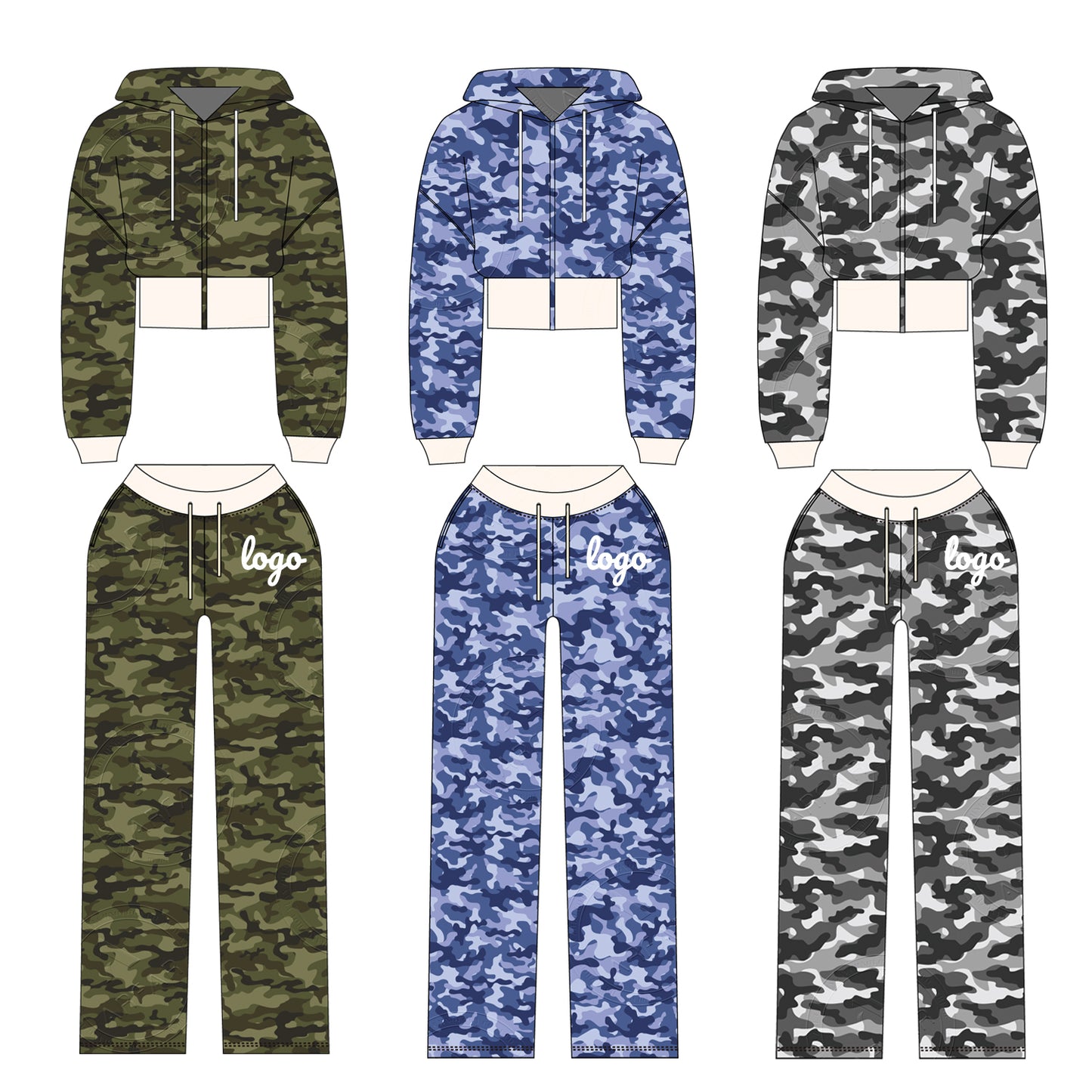 Women Camouflage Hoodie and Shorts Set Zip Heavyweight Cotton Fitness Cropped Long Sleeve Camo Shorts Set Casual Sweatshirt Set