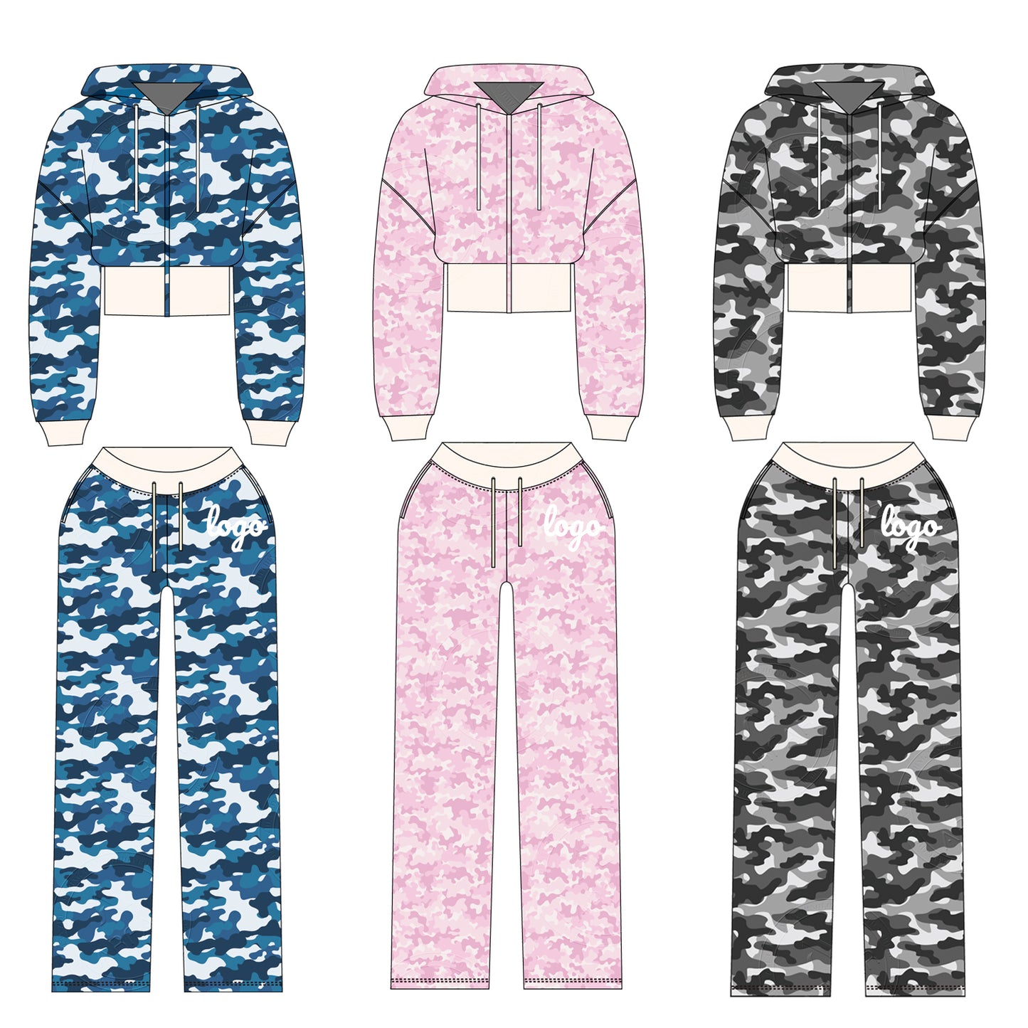 Women Camouflage Hoodie and Shorts Set Zip Heavyweight Cotton Fitness Cropped Long Sleeve Camo Shorts Set Casual Sweatshirt Set