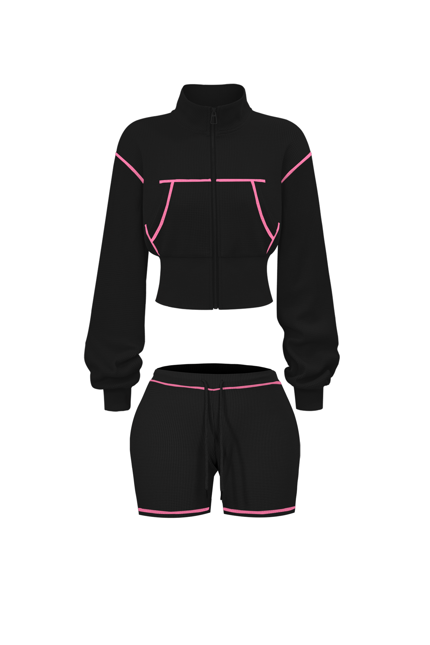 Custom Waffle Knit Girls Two Piece Set Summer 2025 Basic Zip up Jacket Embroidery Hoodie and Shorts Set Loungewear Women Sets