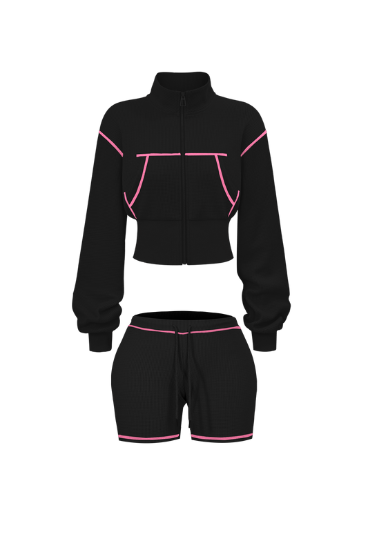 Custom Waffle Knit Girls Two Piece Set Summer 2025 Basic Zip up Jacket Embroidery Hoodie and Shorts Set Loungewear Women Sets