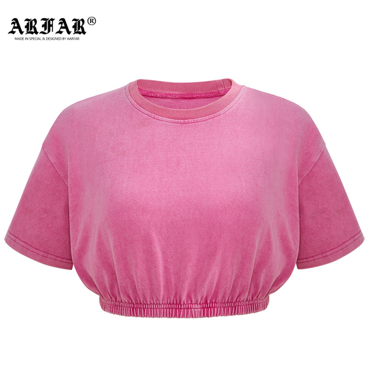 100% Cotton Acid Washed Pink Crop Top Shirt