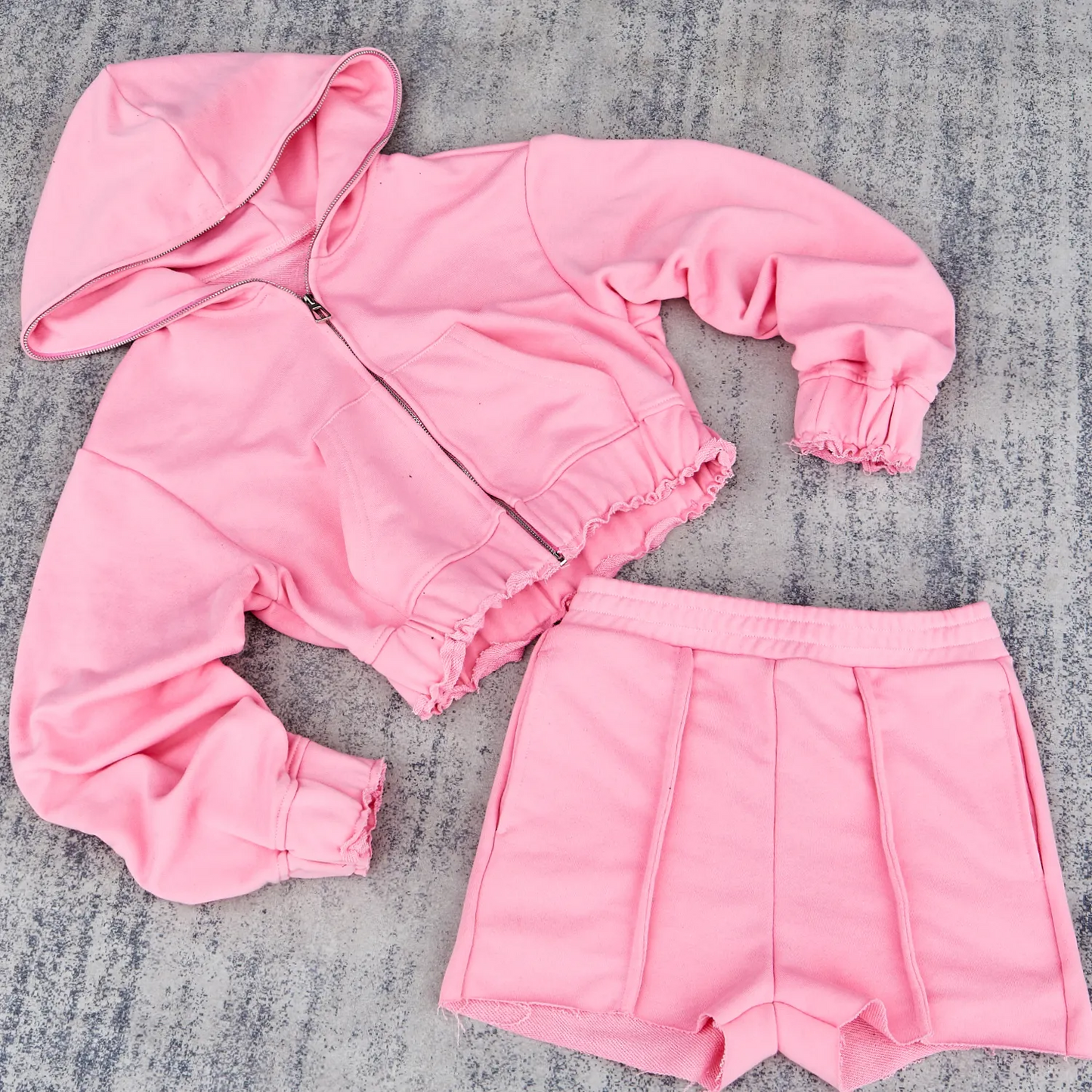 Blank Womens 2 Piece Velour Tracksuit Casual Long Sleeve Zip up Crop Top Acid Wash Distressed Hoodie and Shorts Set