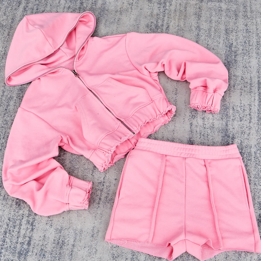 Blank Womens 2 Piece Velour Tracksuit Casual Long Sleeve Zip up Crop Top Acid Wash Distressed Hoodie and Shorts Set