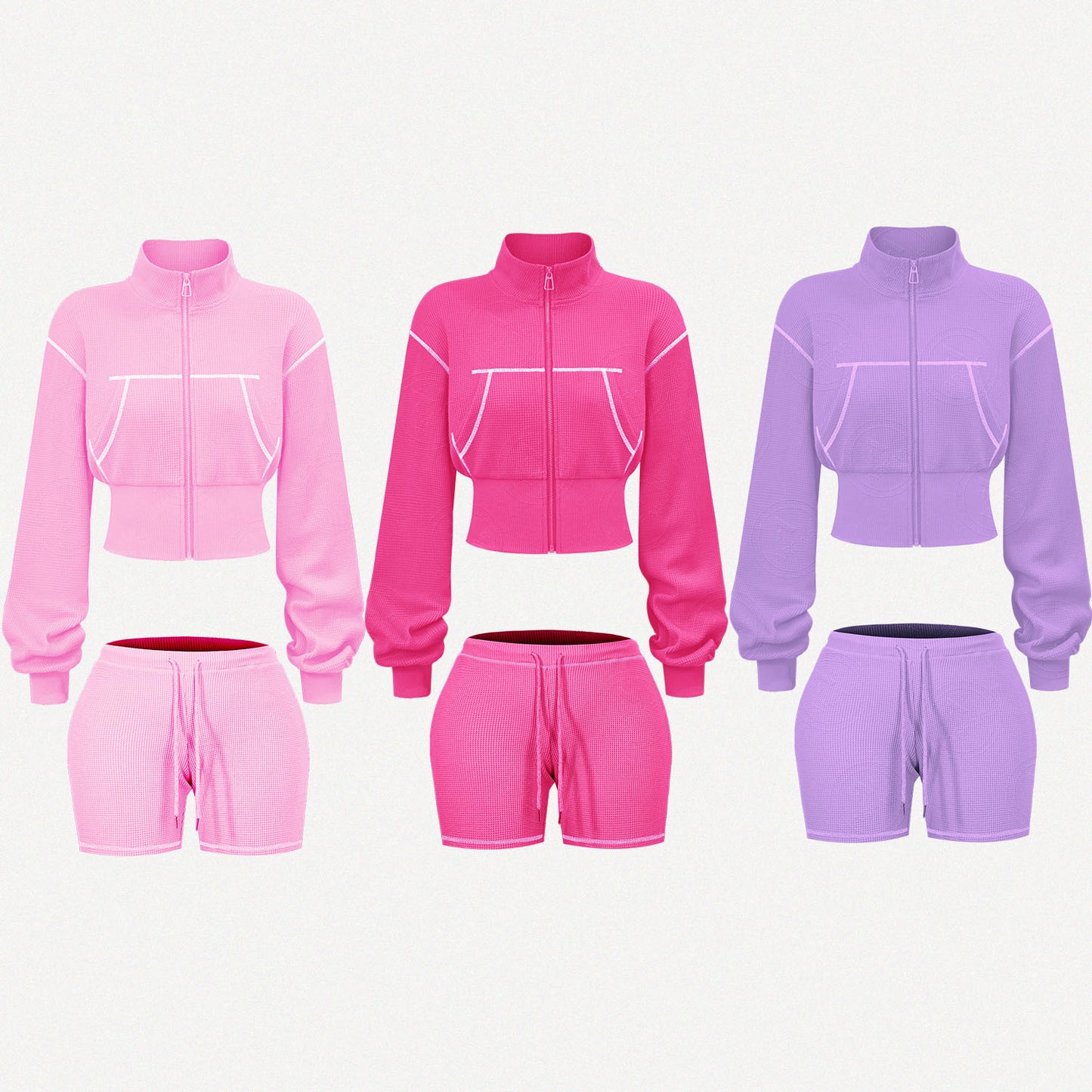 Custom Waffle Knit Girls Two Piece Set Summer 2025 Basic Zip up Jacket Embroidery Hoodie and Shorts Set Loungewear Women Sets
