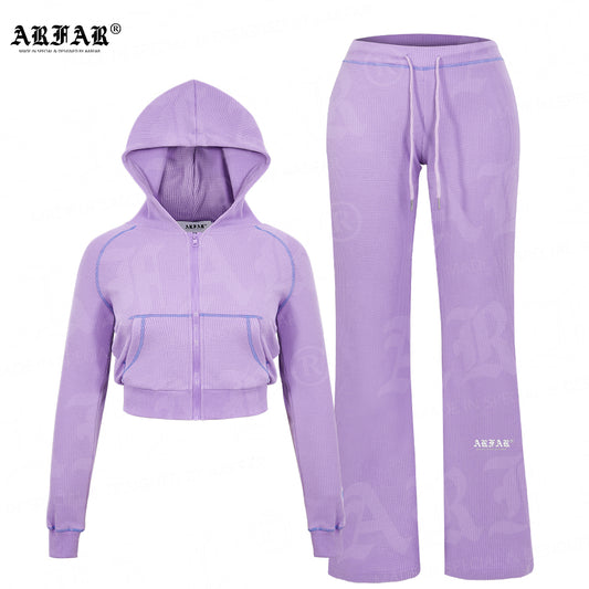 Custom Outfits for Women Waffle Knit Long Sleeve Zipper Streetwear Hoodie Jacket+Flare Jogger Pants Women 2 Piece Sets Wholesale