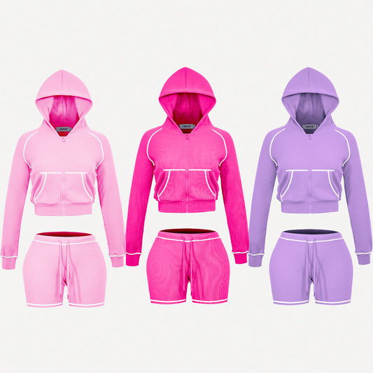 Waffle Knit Long Sleeve Hoodie Outfit Women Summer Outfit Custom Logo Zipper Basic Hoodie Jacket Shorts Two Piece Lounge Suit