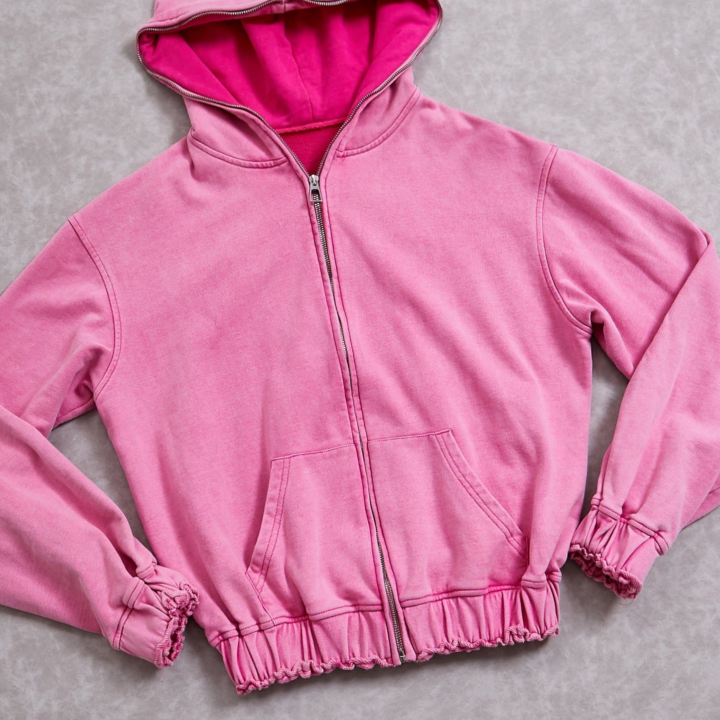 100% Cotton Acid Washed Zip Up Hoodie And Jogger Pants Set For Women