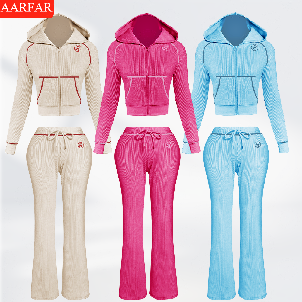 Two Piece Set Women Clothing Manufacturers Custom Silicone logo Waffle Knit Long Sleeve Sweatsuit Outfits for Women