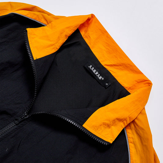 Custom Logo Reflective Piping Black Orange Contrast Color Windbreaker Unisex Spring Stand Collar Zip Up Jacket Streetwear Casual Racing Track Jacket Outerwear