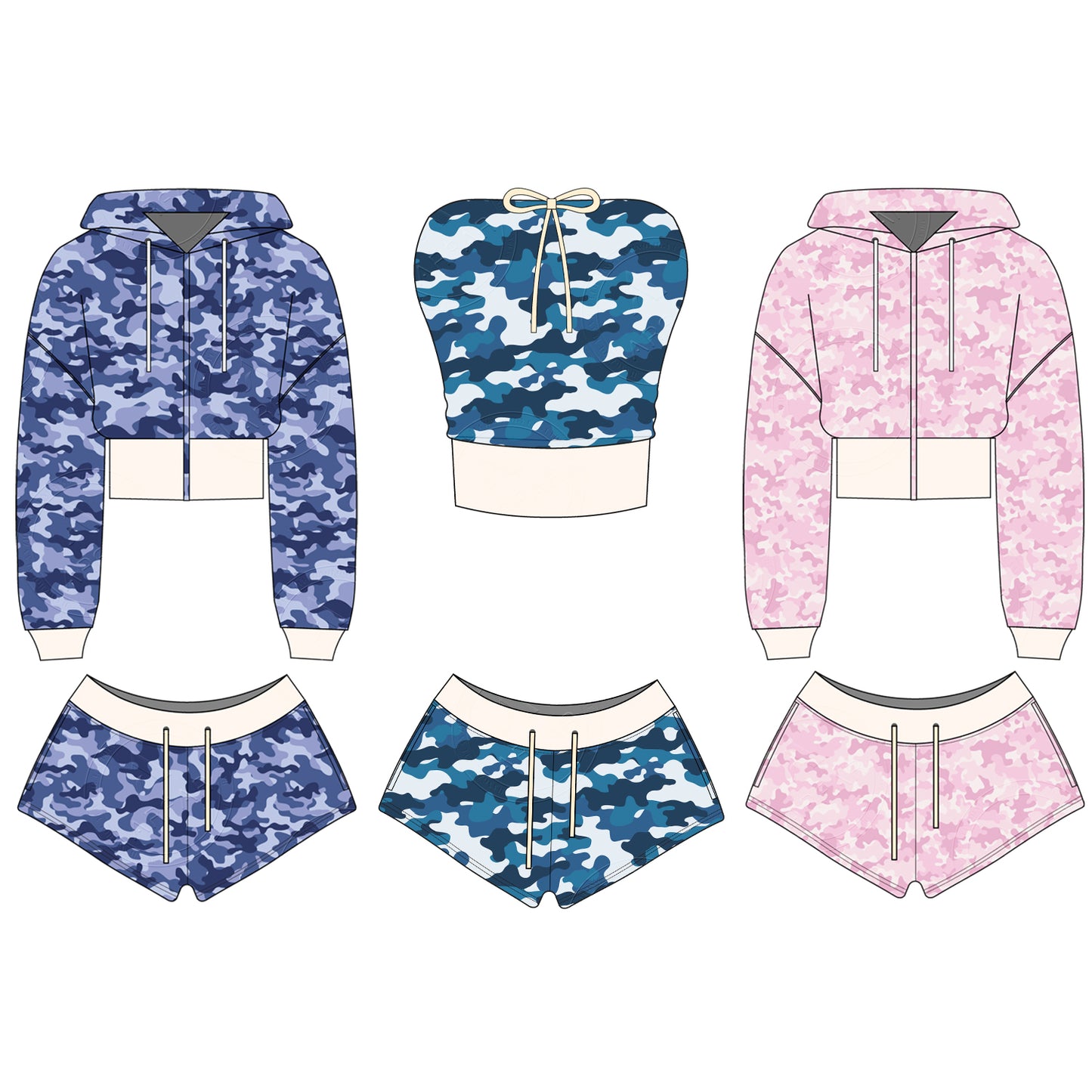 Women Camouflage Hoodie and Shorts Set Zip Heavyweight Cotton Fitness Cropped Long Sleeve Camo Shorts Set Casual Sweatshirt Set