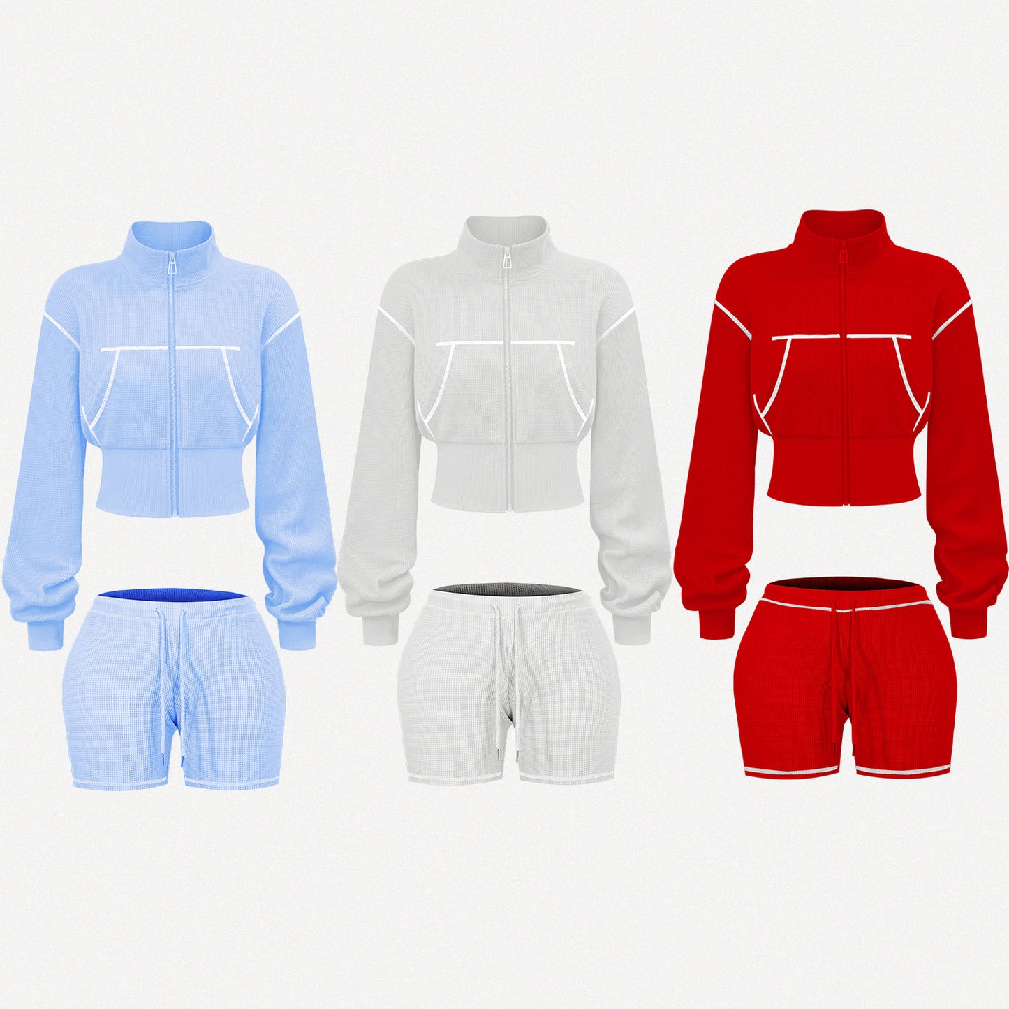 Custom Waffle Knit Girls Two Piece Set Summer 2025 Basic Zip up Jacket Embroidery Hoodie and Shorts Set Loungewear Women Sets