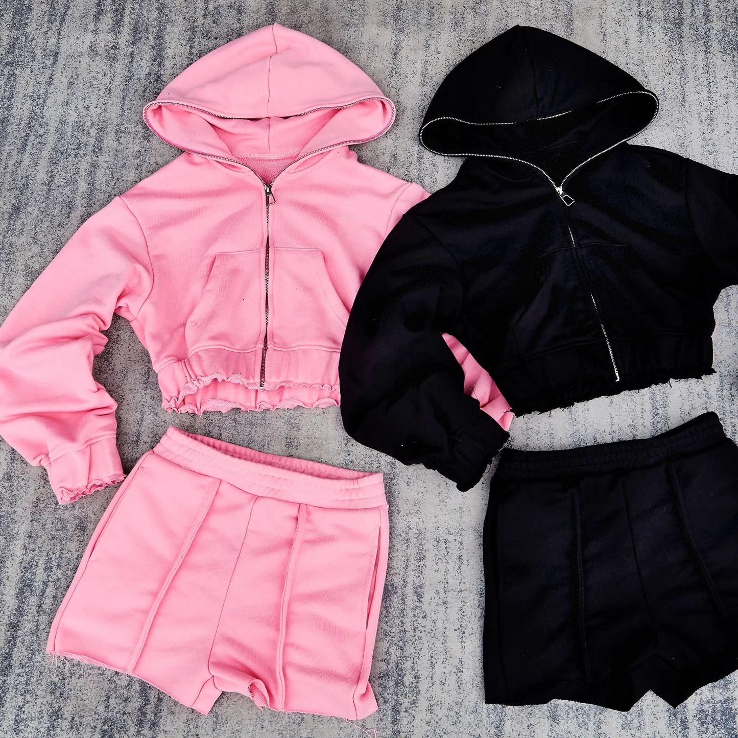 Blank Womens 2 Piece Velour Tracksuit Casual Long Sleeve Zip up Crop Top Acid Wash Distressed Hoodie and Shorts Set