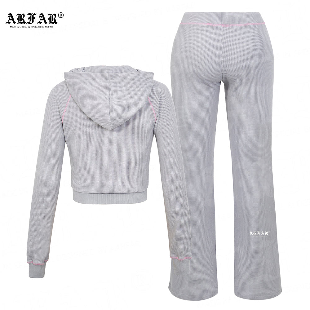 Custom Outfits for Women Waffle Knit Long Sleeve Zipper Streetwear Hoodie Jacket+Flare Jogger Pants Women 2 Piece Sets Wholesale