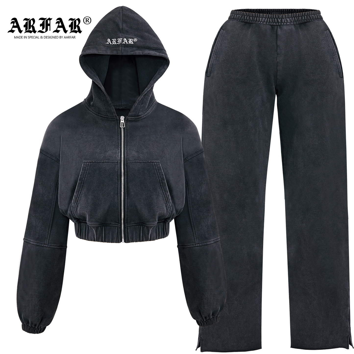 100% Cotton Women Acid Washed Black Side Slit Sweatpants Set