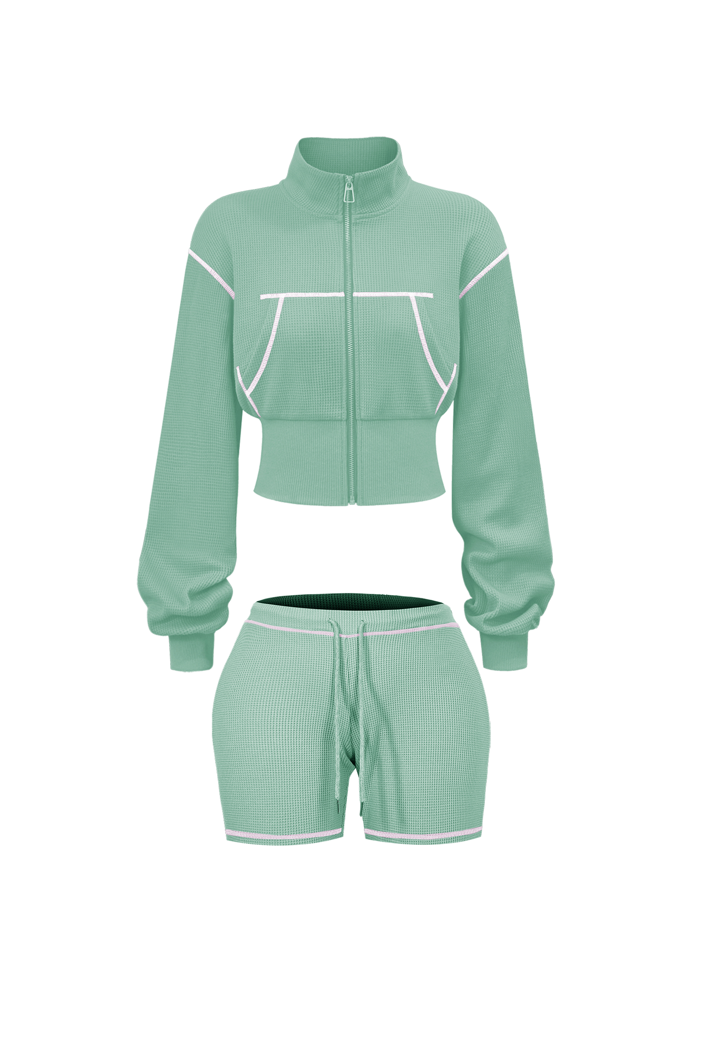 Custom Waffle Knit Girls Two Piece Set Summer 2025 Basic Zip up Jacket Embroidery Hoodie and Shorts Set Loungewear Women Sets