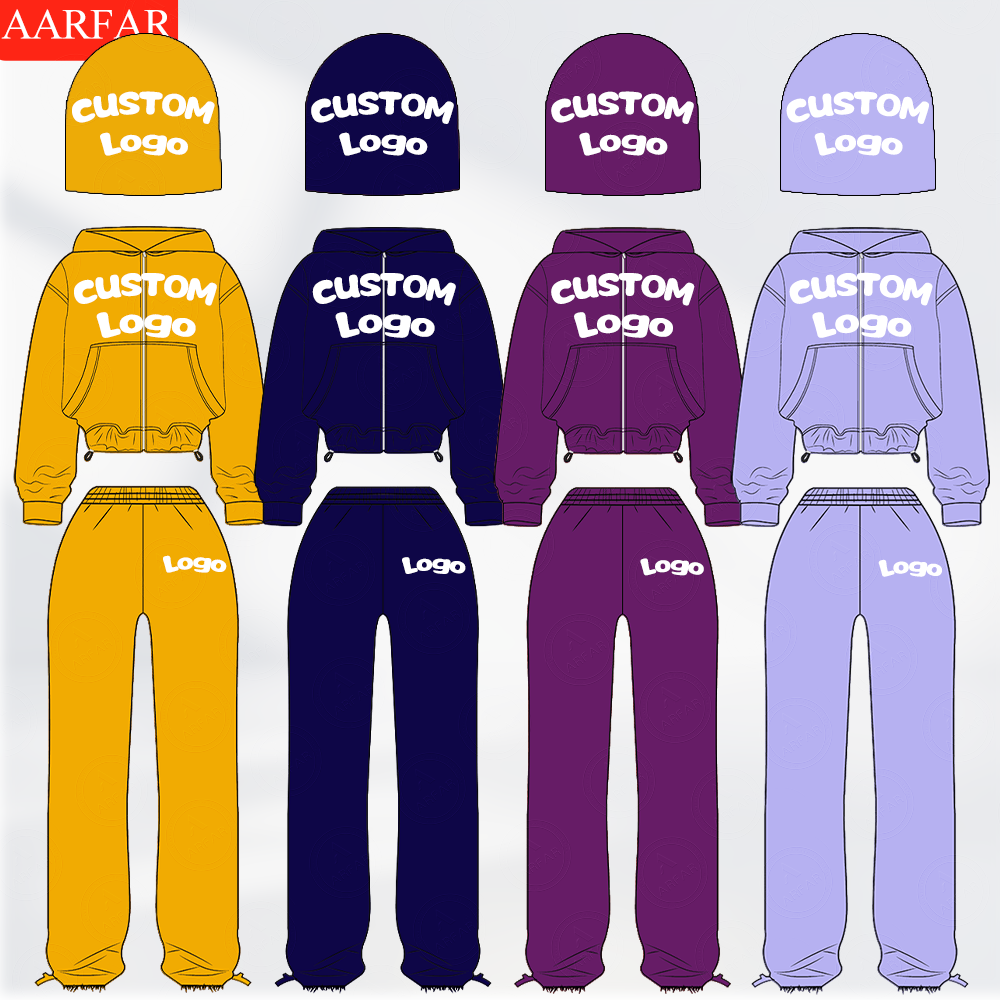 Manufacturer /Custom / OEM/ODM Women 100% Cotton ACID WASHED Cropped Zip Up Hoodie Pants set