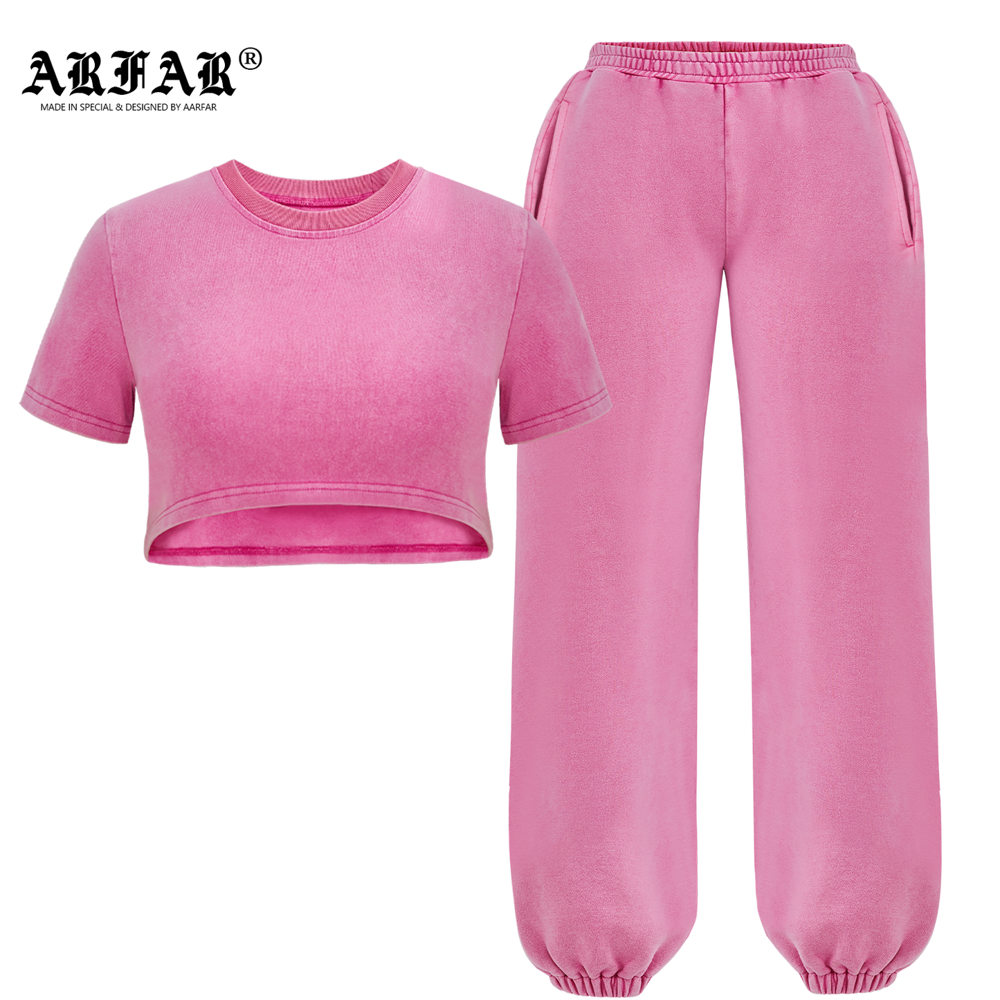 100% Cotton Acid Wash Navel Cropped Crop Tops And Jogger Pants Set For Women