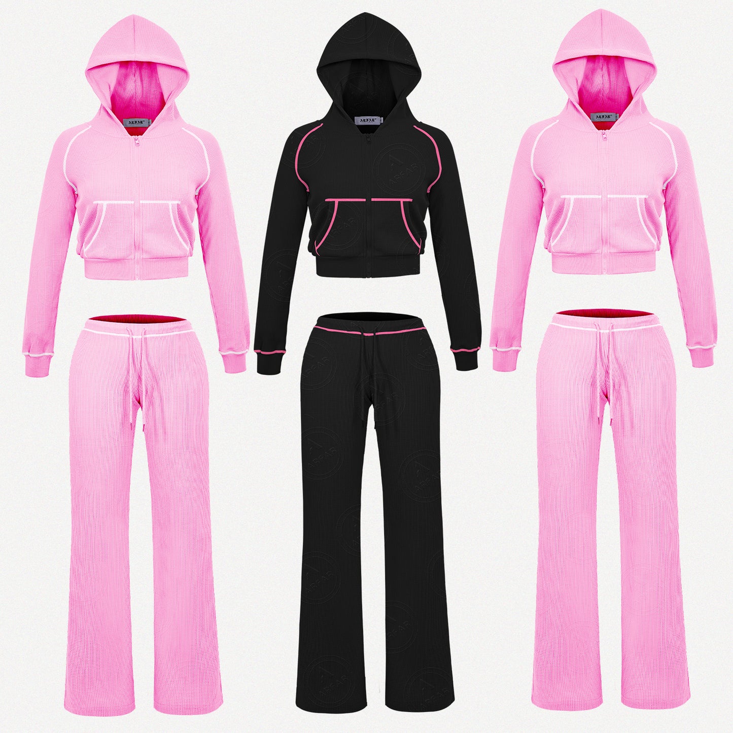 Women Hooded Jacket Tracksuits Workout Waffle Knit Zipper Sweatshirts Cotton Long Sleeve Outfit Gym Crop Cardigan Streetwear