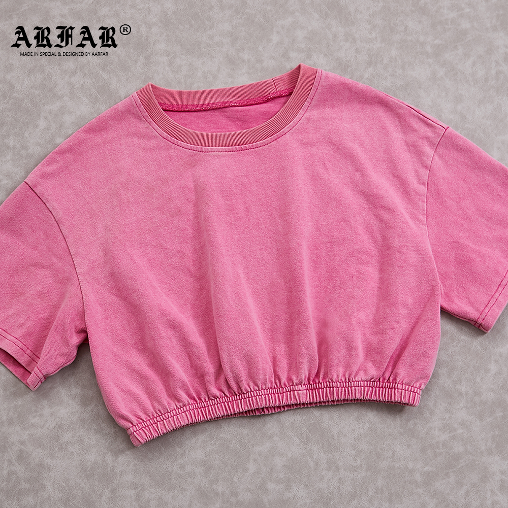100% Cotton Acid Washed Pink Crop Top Shirt