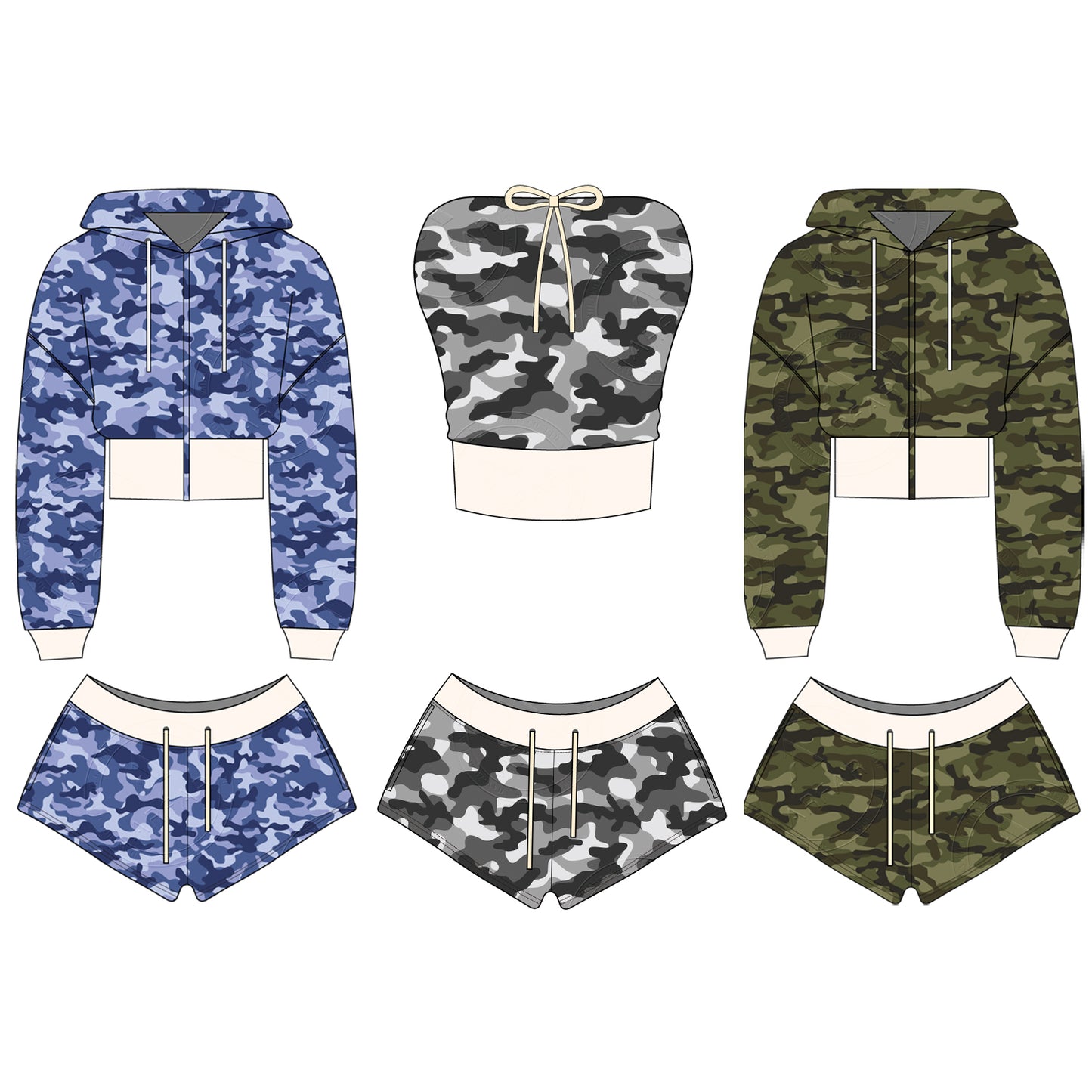 Women Camouflage Hoodie and Shorts Set Zip Heavyweight Cotton Fitness Cropped Long Sleeve Camo Shorts Set Casual Sweatshirt Set