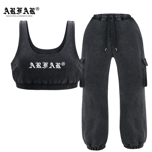 100% Cotton Acid Washed Black Crop Top and Pants With Pockets 2 Piece Set