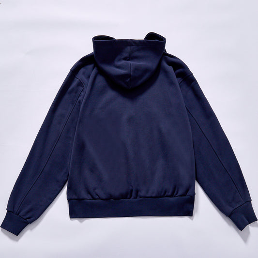 zip up hoodie men navy casual outerwear unisex blank sweat jacket french terry open front hoodie elastic rib cuffs rib bottom hem small woven label box loose fit
