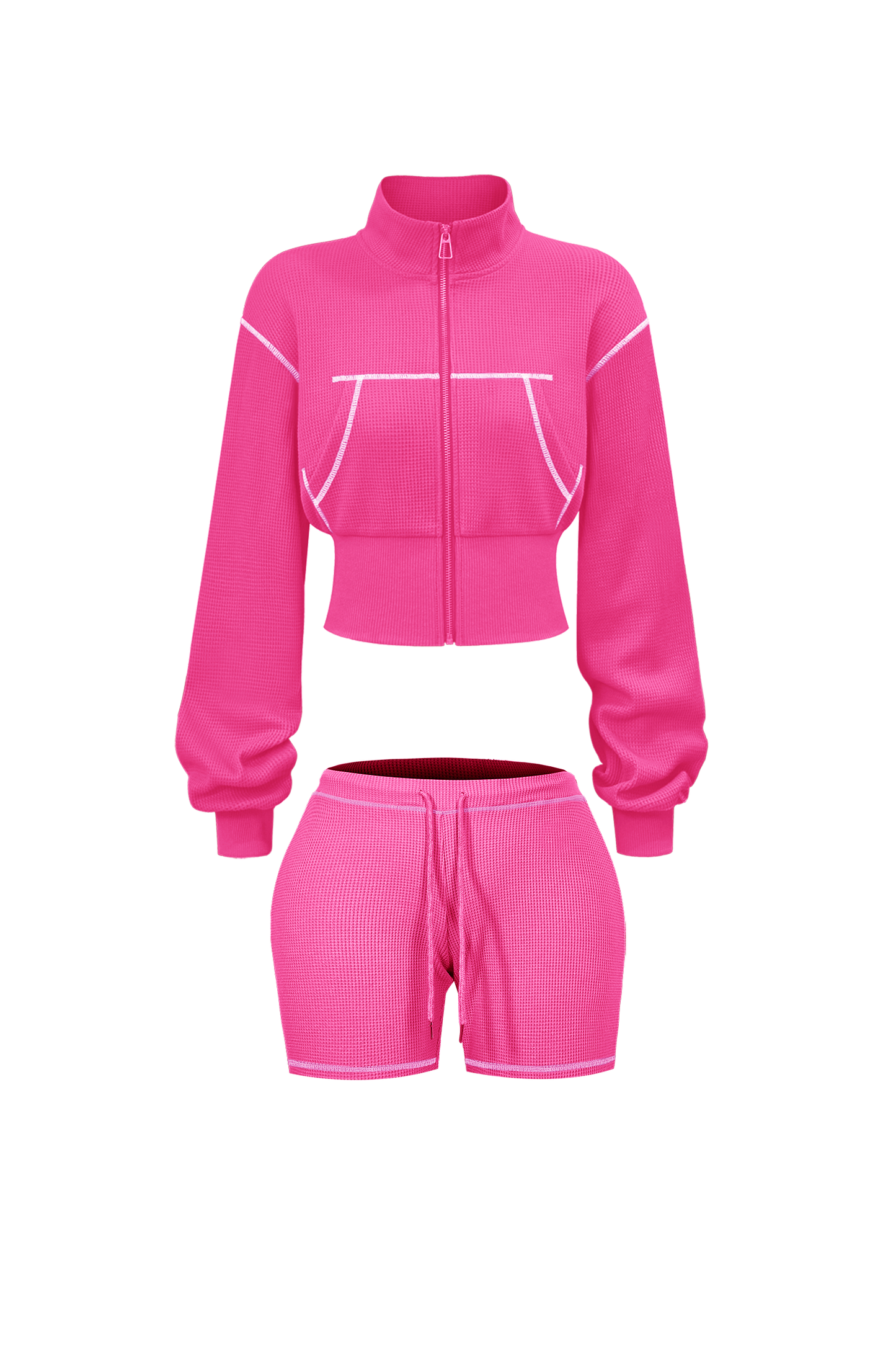 Custom Waffle Knit Girls Two Piece Set Summer 2025 Basic Zip up Jacket Embroidery Hoodie and Shorts Set Loungewear Women Sets