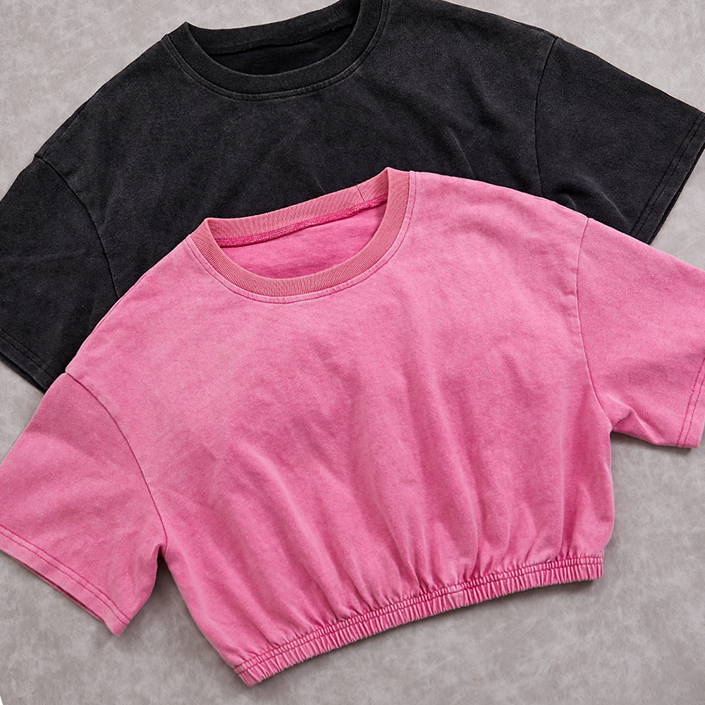 100% Cotton Acid Washed Pink Crop Top Shirt